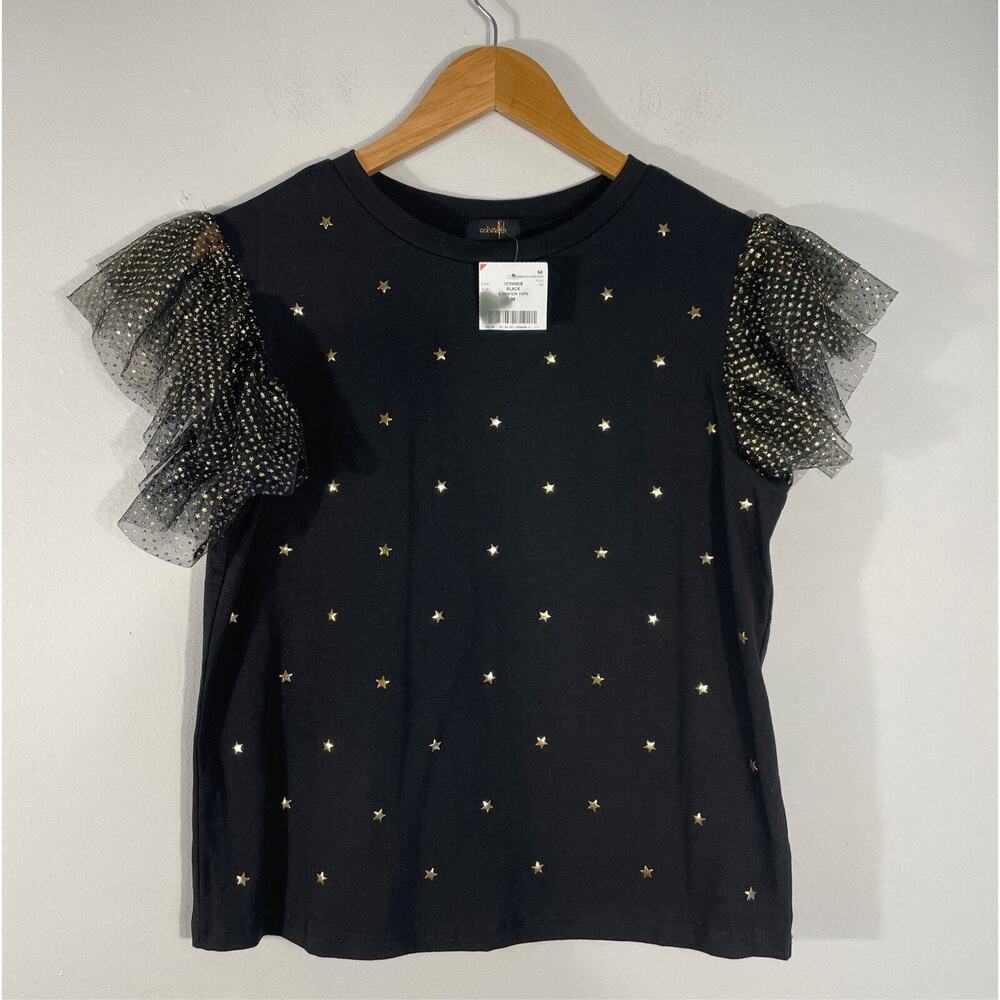 Antwelfth Womens Contemporary Top Size M Black Gold Stars Beaded Flutter Sleeve